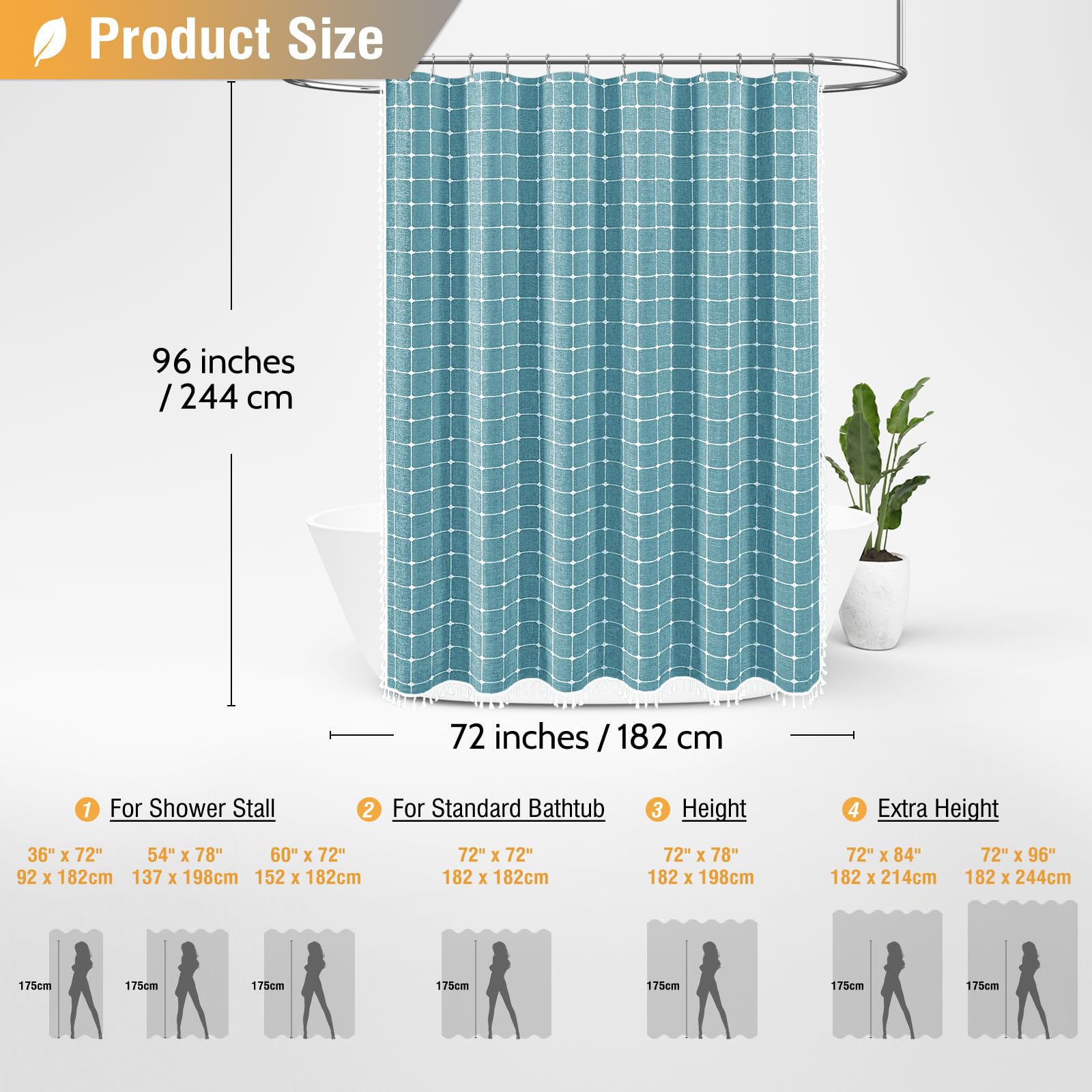 BTTN Extra Long Shower Curtain, 72x96 Inch Long Boho Chic Linen Fabric ...