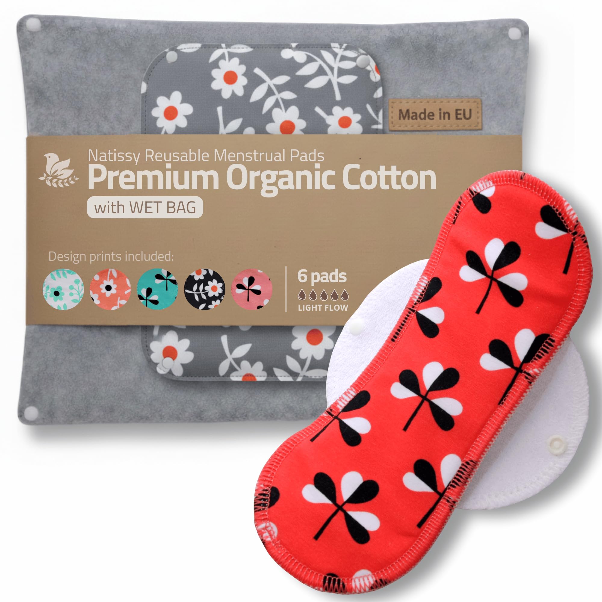 Made in EU – Reusable Sanitary Pads for Light Flow (6 Pack, S+M) – High-Temp Washable, Durable Cloth Period Pads for Women & Teens – Breathable Organic Cotton & Secure-Fit for Menstrual Comfort