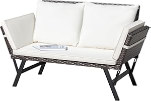 Greesum Outdoor Sofa, Woven Rattan Patio Furniture, Convertible Daybed or Double Chair with Adjustable Armrests, Cushions and Pillows for Yard, Porch, Pool, Brown Lounger & Beige Pillowcase