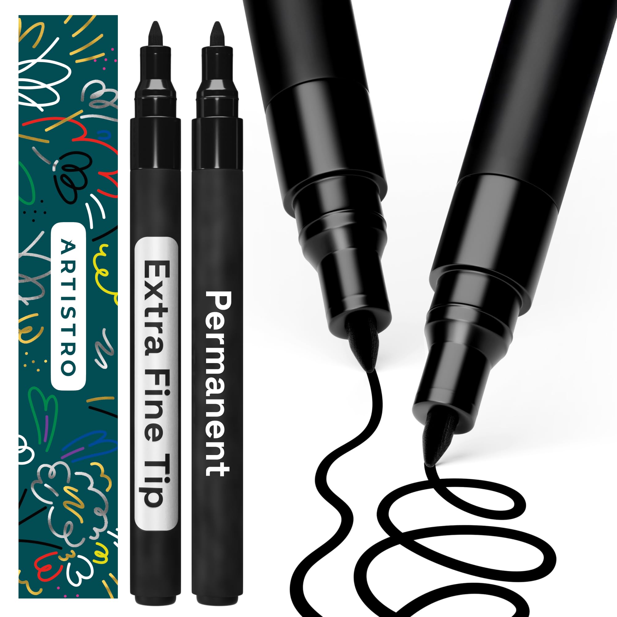 Photo 1 of ARTISTRO 2 Black Permanent Marker - Waterproof Markers for Tire, Fabric, Rocks, Glass, Ceramic, Wood, Paper - Oil Based Paint Pens - Extra-Fine Tip 0.7mm