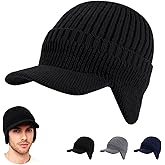 Cozy Head Beanie with Brim and Ear Flaps,Winter Knit Beanies for Unisex,Warm Ear Protection Knitted Hat Winter Beanie
