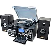 LoopTone Vinyl Record Player with Dual 15W External Speakers 10 in 1 3 Speed Bluetooth Vintage Turntable CD Cassette Player A