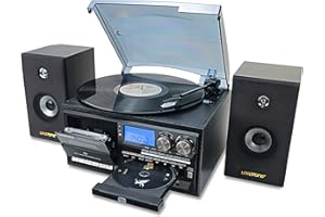 LoopTone Vinyl Record Player with Dual 15W External Speakers 10 in 1 3 Speed Bluetooth Vintage Turntable CD Cassette Player A