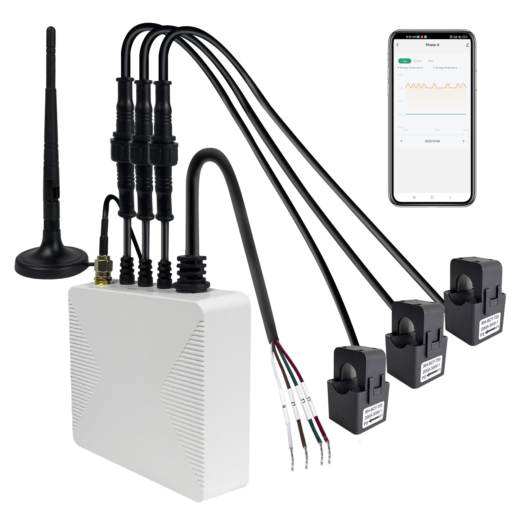 OWON 3-Phase WiFi Smart Home Energy Monitor with 3x200A Circuit-Level Sensors - Real-Time Electricity Meter Smart Life Vue