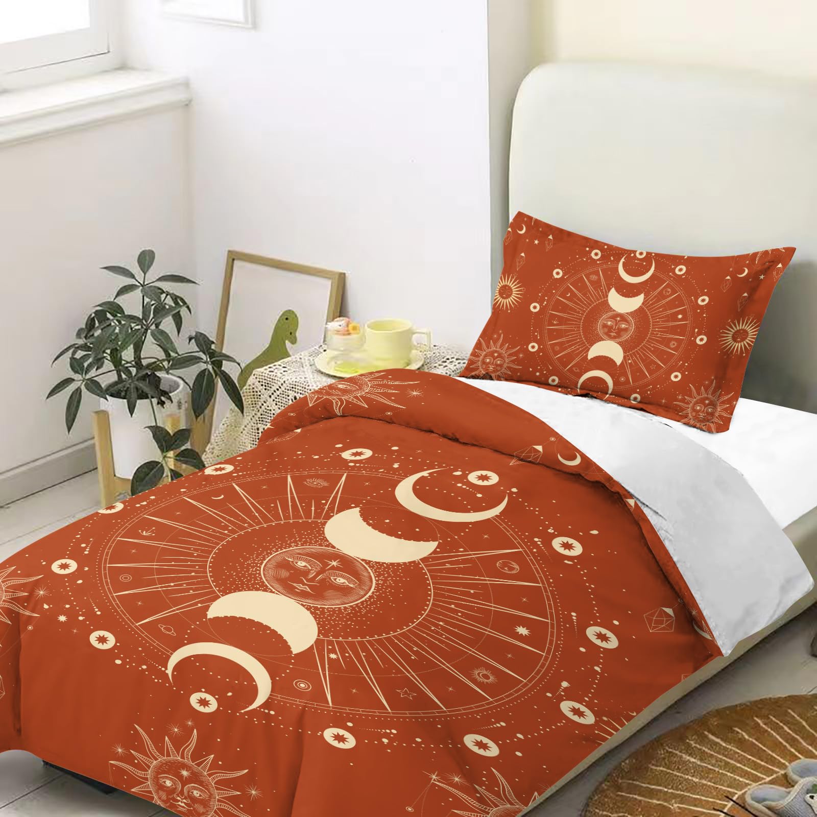 HOMHOMHA Single Duvet Cover Set Bedding - Mystic Sun & Moon Design -Burnt Orange & Rust Red Duvet 135x200cm+pillowcase 50x75cm - Ultra-Soft Microfiber (MOON, Single)
