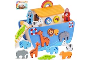 Toddlers Wooden Noah's Ark Toy Animal Playset, Baptism Gifts for 2 3 Boys Girls, Shape Sorter Early Learning Montessori Toys 