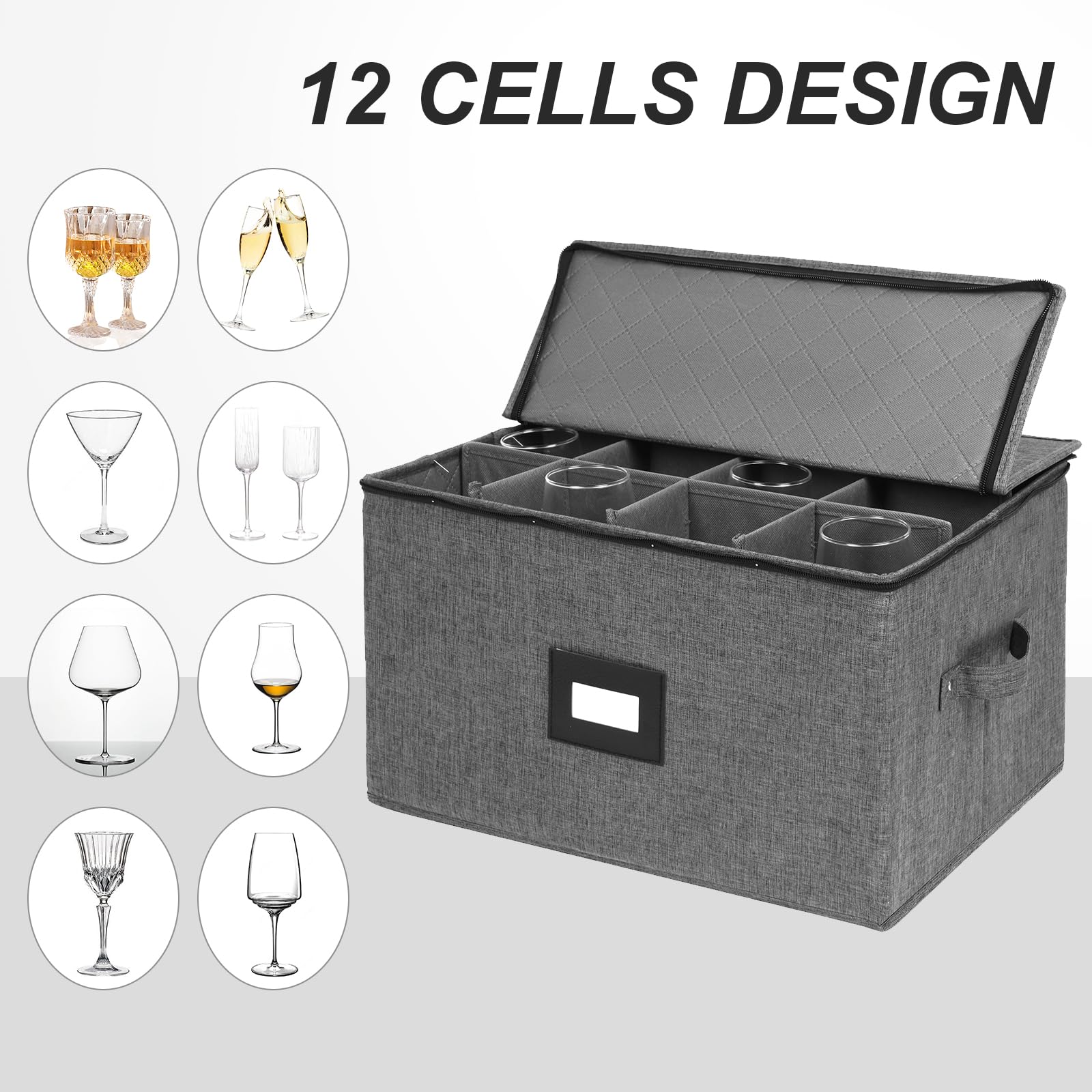 Stemware Storage Cases, Wine Glass Storage Box Containers with Dividers for Glassware Crystal Storage and Transport, Hard Shell and Stackable (Black)