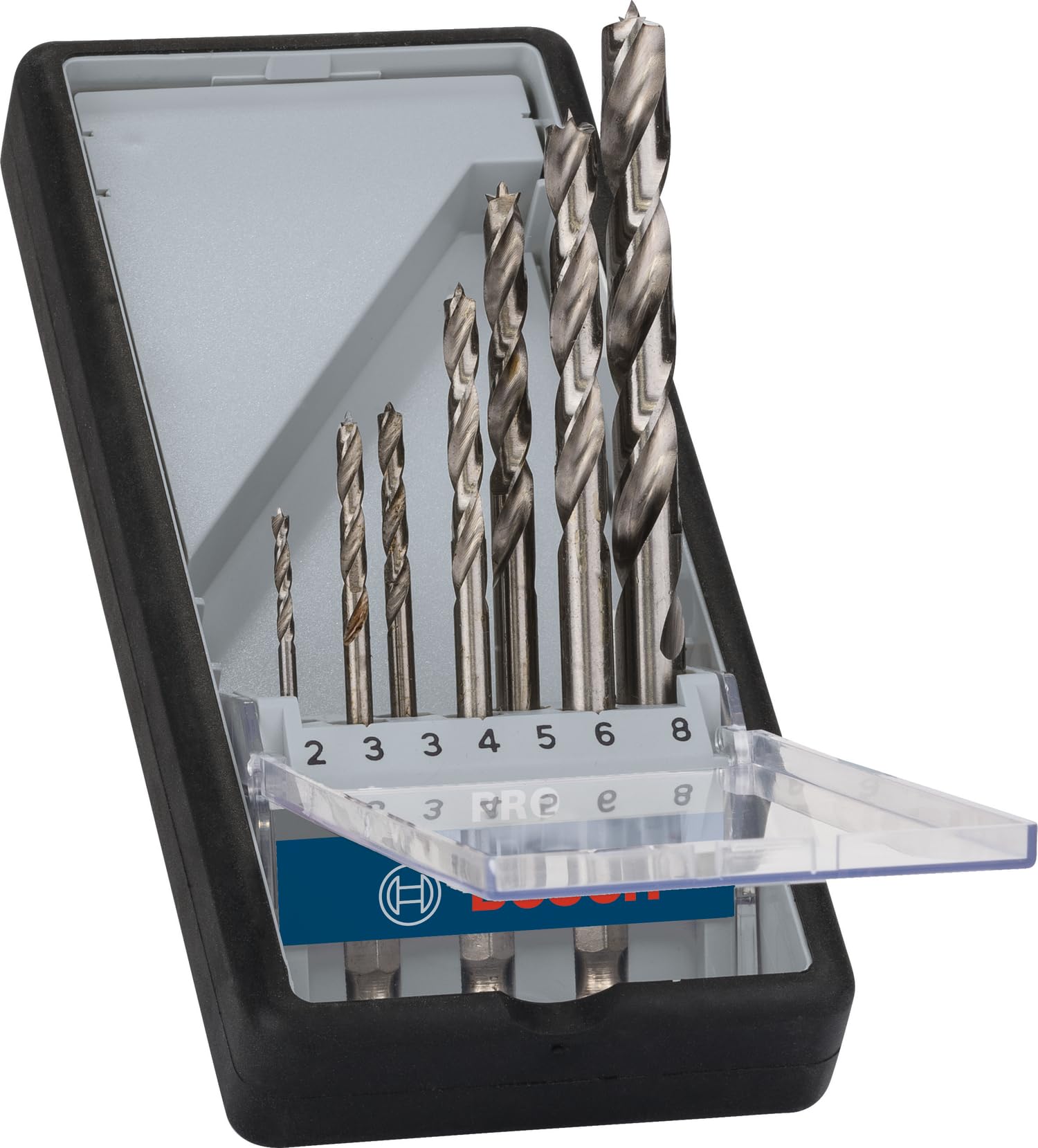 Bosch 7x PRO Wood HSS Hex Brad Point Drill Bit Set (for Softwood, Hardwood, Ø 2,0, 3,0, 3,0, 4,0, 5,0, 6,0, 8,0 mm, Professional Accessory Rotary Drill/Drivers)