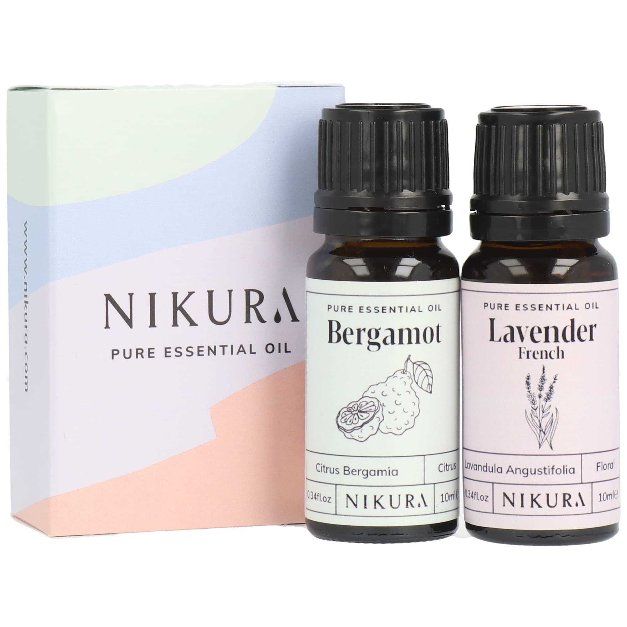 Nikura Bergamot & Lavender Essential Oil Set - 2 x 10ml | Essential Oils for Diffusers for Home, Hair Oil, Sleep, Soap Making, Candle Making, Aromatherapy, Strong Fragrance | Pure & Natural Oils