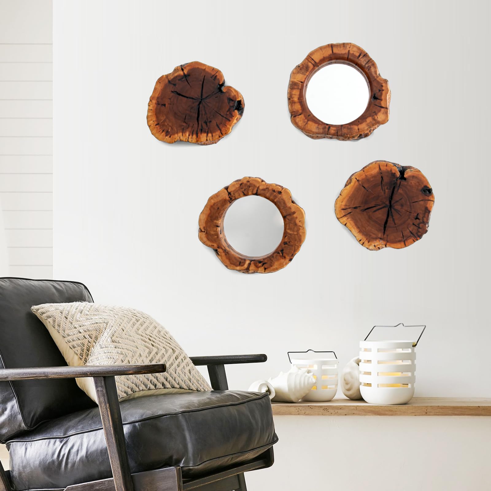 Photo 1 of **CRACKED MIRROR. MISSING MIRROR**WELLAND Four Pack Rustic Mirror Wall Décor Handmade Solid Wood Decorative Mirrors, 10” x 12" Modern Hanging Wall Art for Bedroom, Bathroom, Living Room, Entryway, Dressing Room