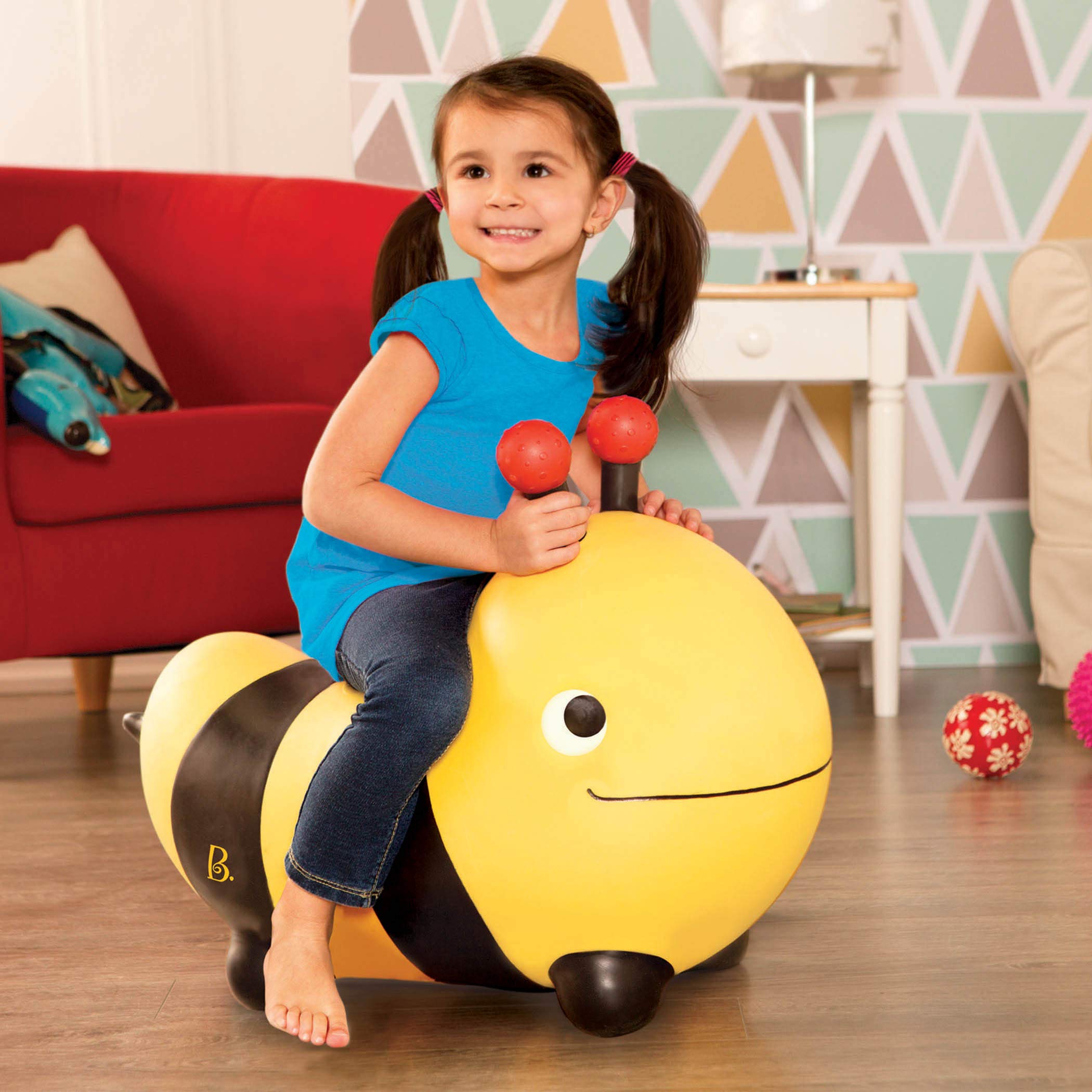 B. toys – Inflatable Bee Bouncer Ride – On Toy with Air Pump – Toddler Toys for Balance & Motor Skills – Kids Bouncing Seat with Easy – Grip Antennae – Safe Indoor Active Play, Ages 18 Months+