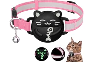 WROSWT Waterproof Airtag Cat Collar, Breakaway Cat Collars with Luminous & Reflective Strap for Apple Air tag, Kitten Safety Elastic Band, Lightweight Hidden GPS Tracker Holder(Pink, 8"-11")