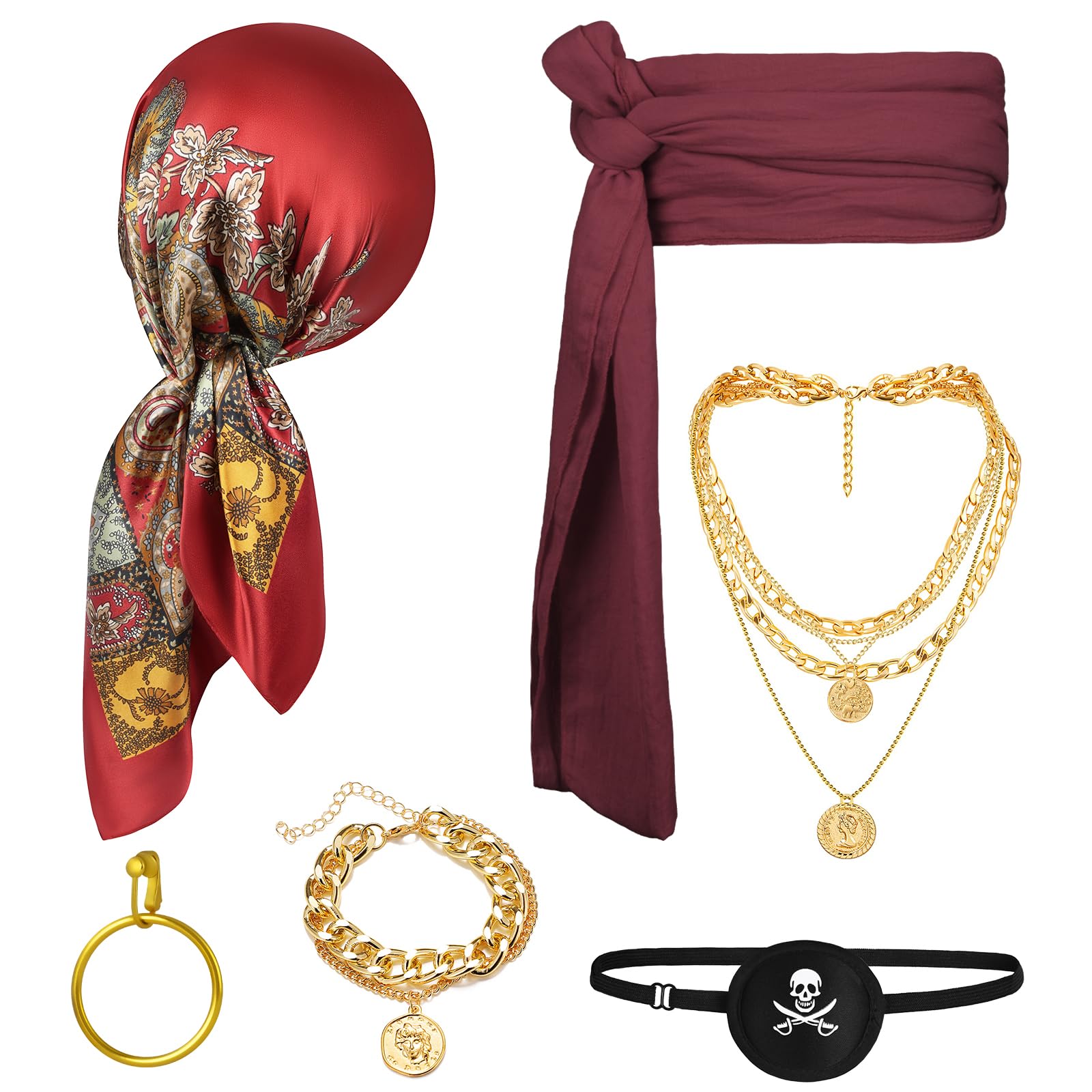 Alaoo 6 Pcs Pirate Costume Accessories Sets, Pirate Captain Accessories with Bandana Sash Belt, Medieval Renaissance Corsair Costume for Halloween Corsair Party, Red โ image 1