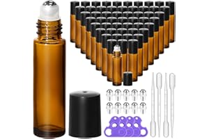 KEYWING 54 Pack Empty Essential Oil Roller Bottles – 10ml Amber Glass Roll-On Bottles with Stainless Steel Roller Balls & Caps, Refillable Perfume Containers for DIY & Travel