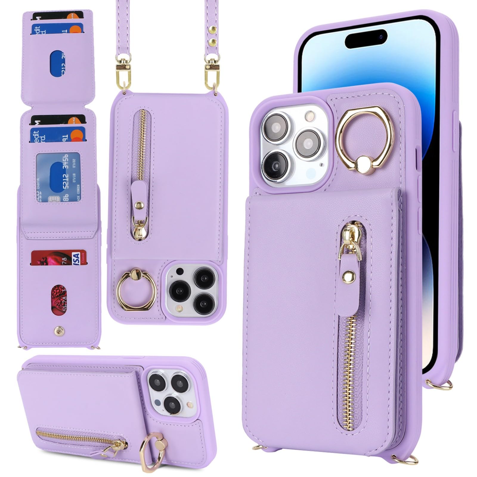 Zouzt for iPhone 14 Pro Case with Card Holder and Strap, Wallet Case with 7 Card Slot PU Leather Zipper Crossbody Lanyard with Adjustable Necklace Ring Cover for iPhone 14 Pro 6.1" - Purple