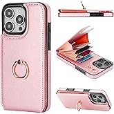 Folosu Compatible with iPhone 16 Pro Max Case Wallet with Card Holder, 360°Rotation Finger Ring Holder Kickstand, RFID Blocking Leather Protective Double Buttons Shockproof Cover 6.9 Inch Rose Gold