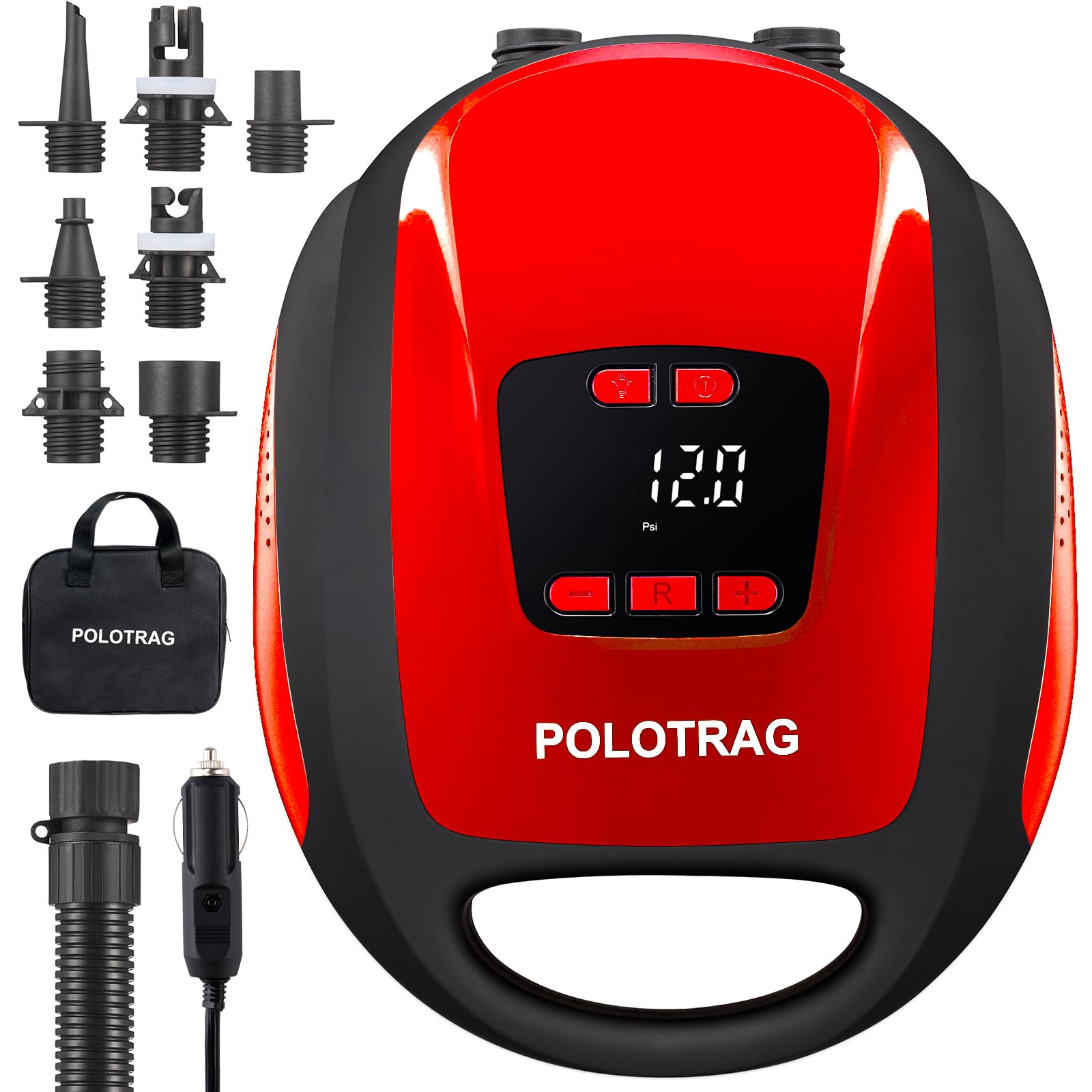 Photo 1 of Polotrag Paddle Board Pump, Sup Pump Electric Portable with Auto-Off/Deflation, Dual Stage 12V DC Car Connector Air Pump for Inflatables,Kayak and Air Mattress(Red)