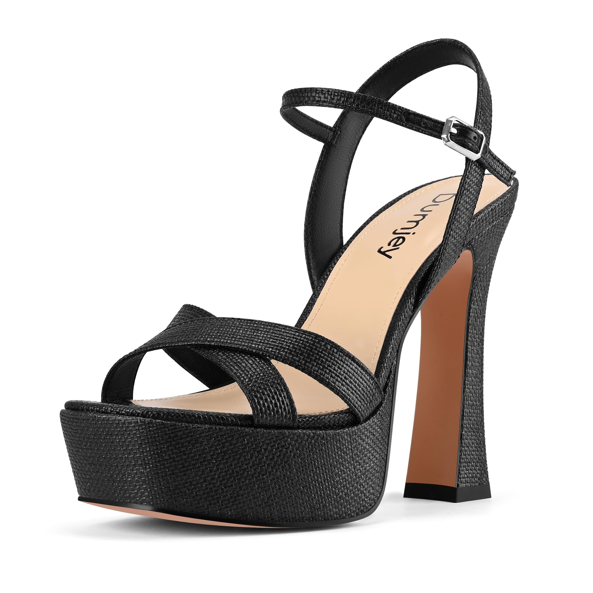 Women Platform Heel Raffia Sandals with Ankle Strap Chunky Heels Open Toe Buckle Shoes for Prom Party Dress - Raffia Black 5.5 US Image