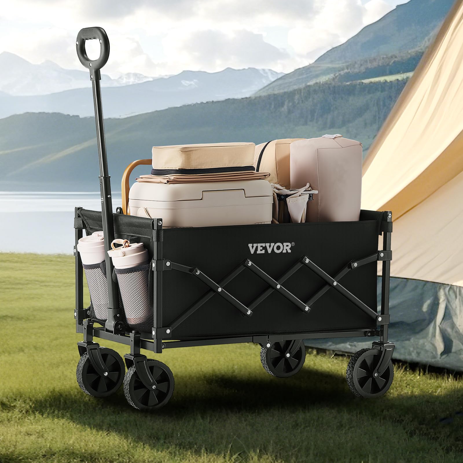 VEVOR Bollerwagen 66x45x46 cm, 102 kg Faltbarer Transportwagen mit Geländerädern, Outdoor-Allzweckwagen mit verstellbarem Griff, Campingwagen für Strand, Lebensmittelgeschäft, Garten, Schwarz 8