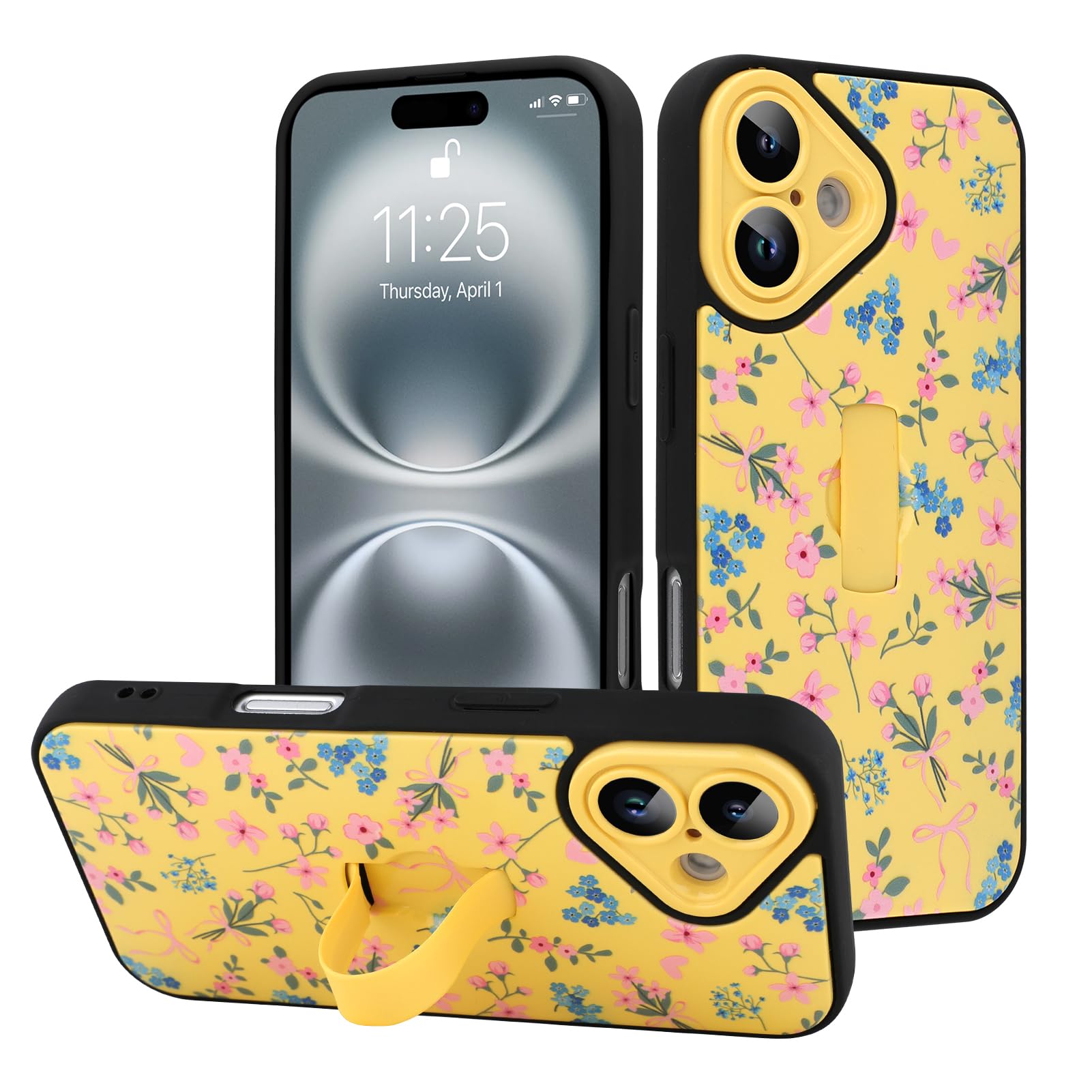 LEOMAKRON for iPhone 16 Case with Finger Strap Kickstand,Cute Pink Flower Heart Bowknot Pattern for Women Girls,Full Camera Protection Aesthetic Shockproof TPU Design,Yellow