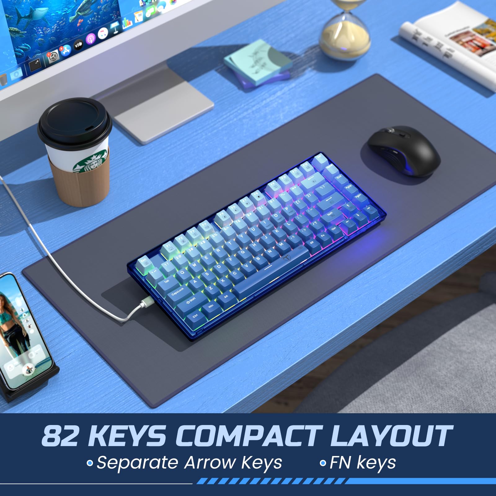RisoPhy 60 Percent Mechanical Gaming Keyboard - 82 Keys Hot Swappable, Linear Silent Red Switches, Blue PBT Keycaps, Compact Mini RGB Backlit Wired Creamy, Pro Driver Supported