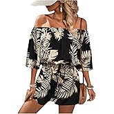 SHENHE Women's Off Shoulder Flutter Sleeve Boho Tropical Romper Short Jumpsuit Playsuit
