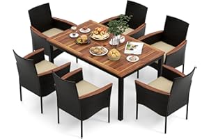 KOTEK Outdoor Dining Set for 6, PE Rattan Wicker Patio Furniture Set with Wood Table & Cushioned Armchairs, 1.96'' Umbrella H