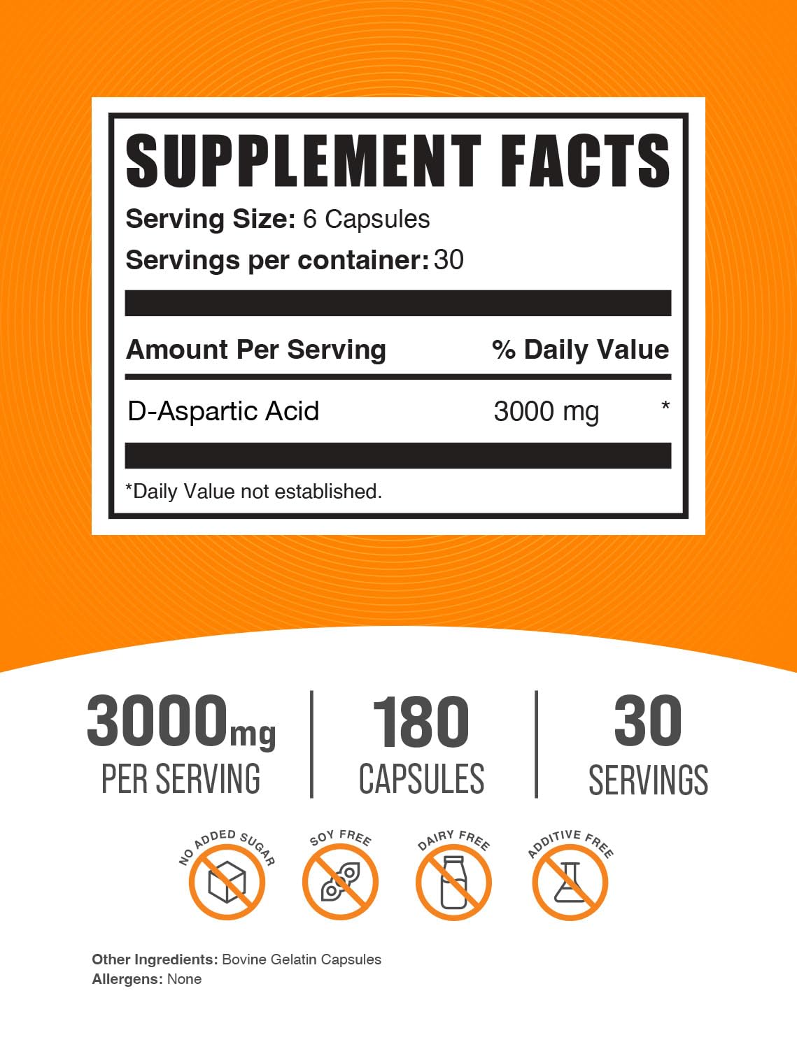 BulkSupplements D-Aspartic Acid Capsules - DAA Supplement for Men & Women, D-Aspartic Acid 3000mg - Unflavored & Soy Free, 6 Capsules per Serving, 180 Capsules (Pack of 1)