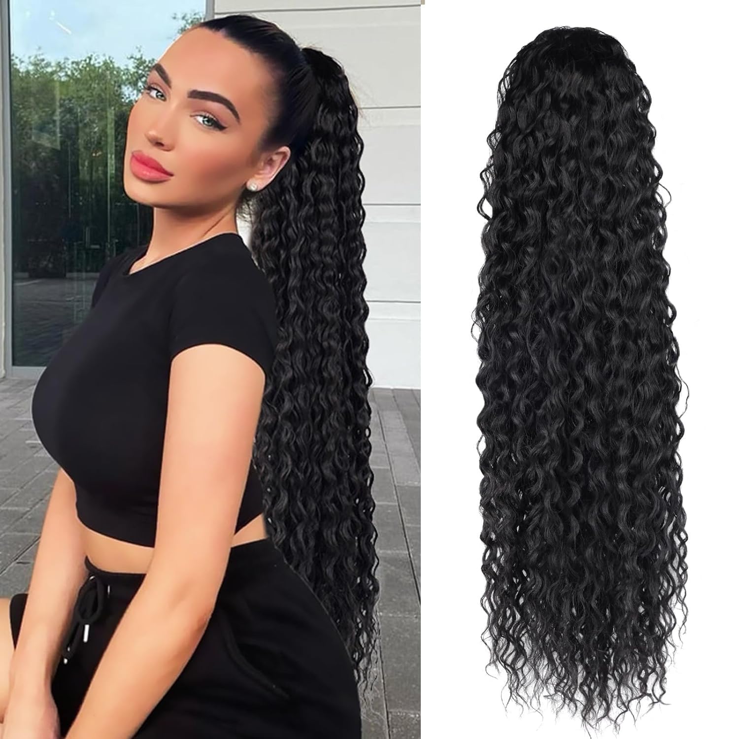 BEAUTY ON LINE Ponytail Extension Curly 30 inch Long Black Drawstring Ponytail Synthetic Clip in Ponytail Hair Extensions Curly Water Wave Clip in Hair Pieces for Women — image 1