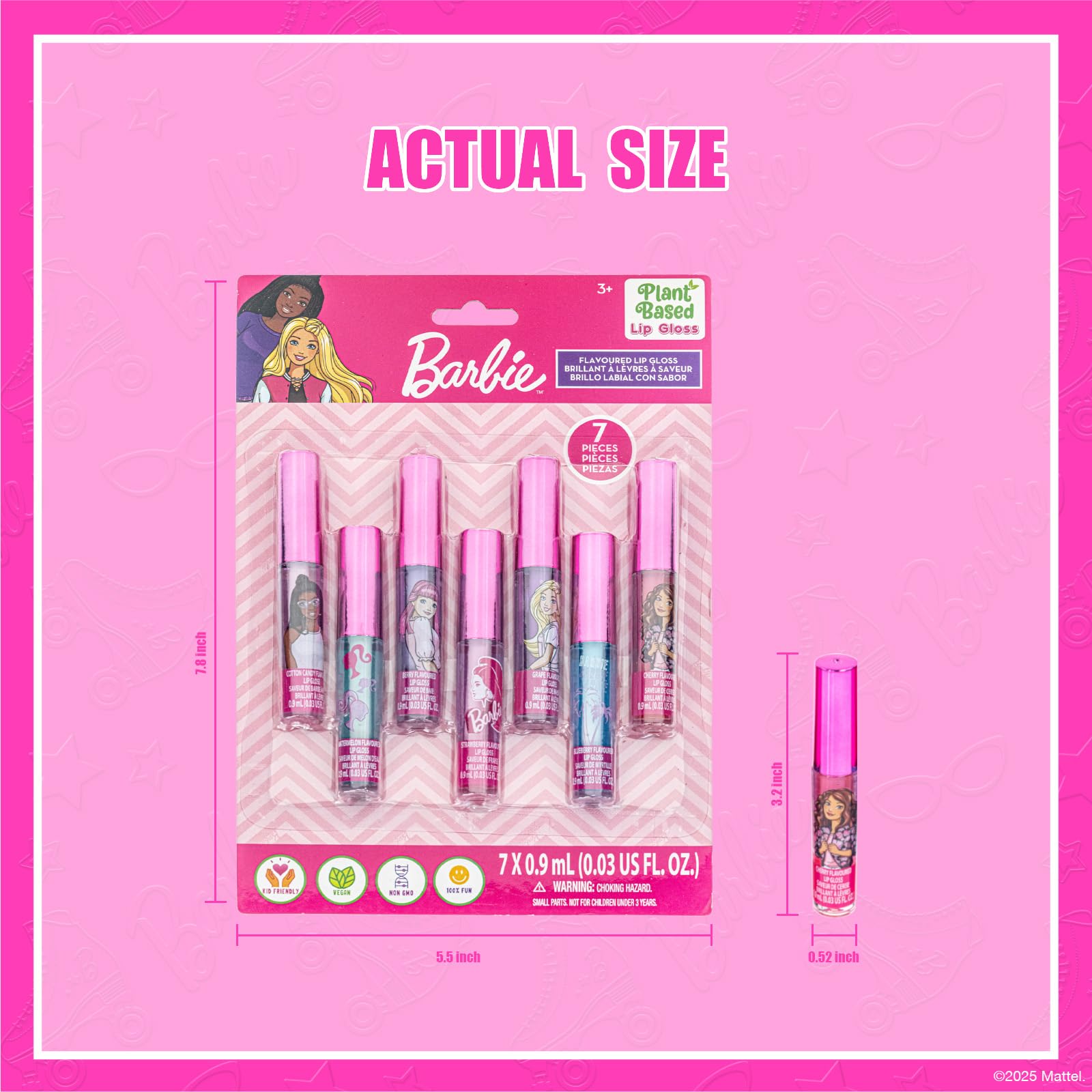 Barbie 7 Piece Plant Based Lip Gloss, Girls Party Favors, First Makeup Set for Girl, Perfect for Parties, Sleepovers, and Birthday Gifts, Ages 3+, by Townley Girl