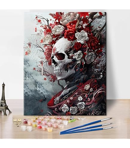 DIY Paint By Numbers Kit - Skull Tree 16x20 Inch Canvas With Wooden Frame, Adult Beginner Art Craft