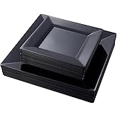 N9R 60PCS Black Plastic Plates Square, 30 Dinner & 30 Dessert Plates Heavy Duty, Fancy Disposable Plates for Party, Wedding and other Events