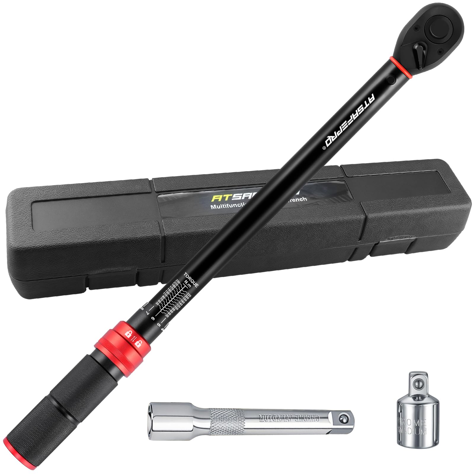 ATsafepro 1/2" Drive Torque Wrench Set,Car Wheel Torque Wrench 20-230 Nm with 3/8'' Adapter, Dual-Direction Adjustable 72 Tooth for Car Motorcycle,Truck,± 3% Accuracy