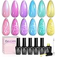 Beetles Summer Gel Nail Polish, 6 Colors Pink Blue Yellow Green Purple Shimmer Pearl Gel Polish Soak Off Uv Mermaid Nail Drawing Polish Swirl Shell Thread Effect DIY Manicure Gift for Women