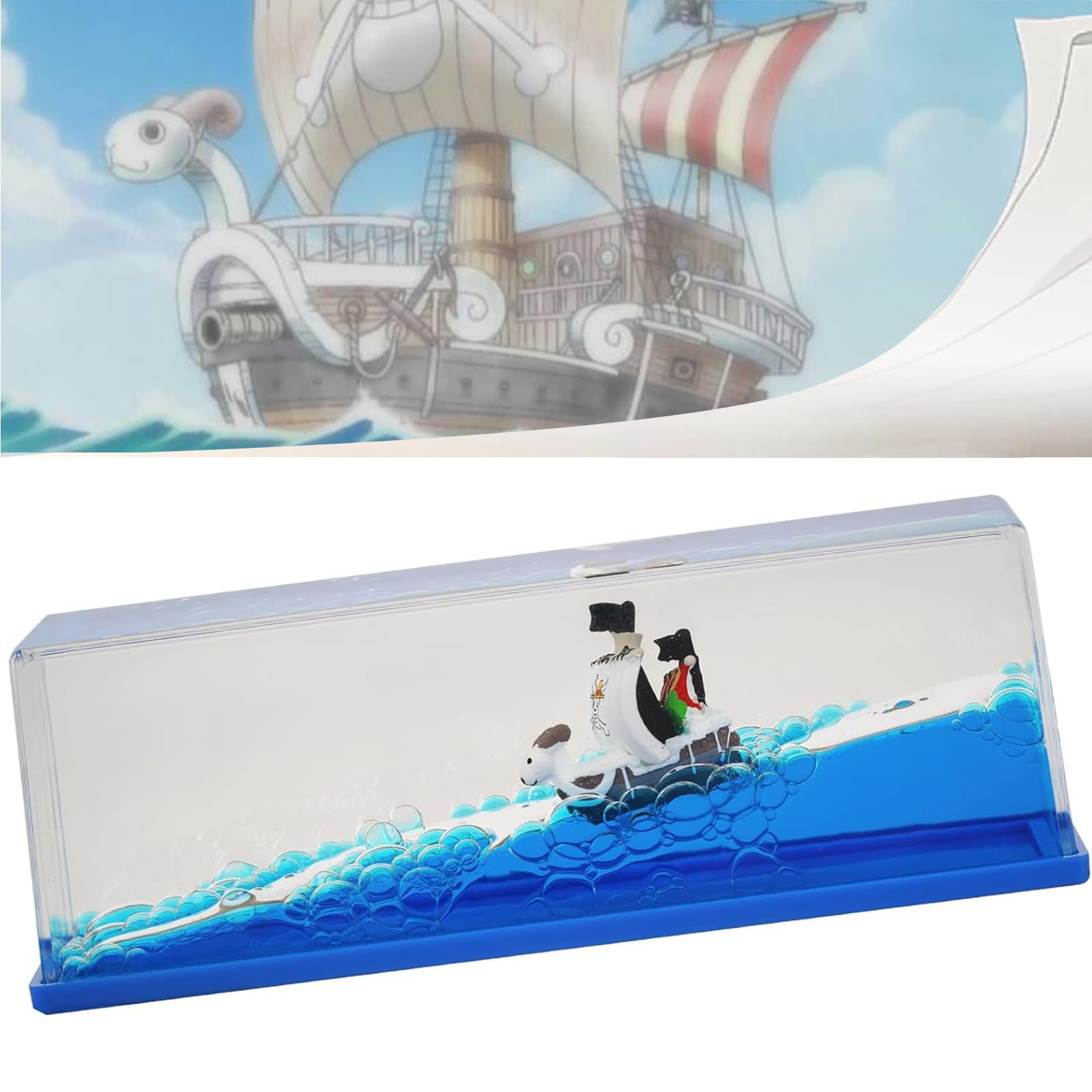 Photo 1 of Unsinkable Pirate Ship in a Bottle Box, Non Sinking OP Anime Boat Model Fluid Drift Bottle Decorations Desk Decor Ornament for Boys Girls Gift (Going Merry-A)