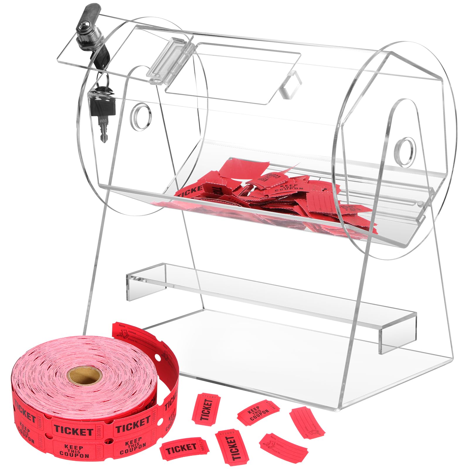 Photo 1 of MOJIEZUO Acrylic Raffle Ticket Spinner Drum with 2000 Red Raffle Tickets Double Roll, Spinning Raffle Ticket Box for Balls, Chips, Tickets with 2 Keys, Transparent Raffle Ticket Box for Lottery Games
