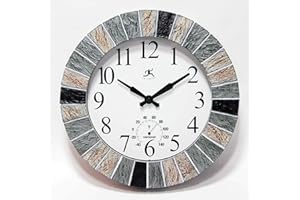 Infinity Instruments Slate 13 inch Outdoor Wall Clock Faux Slate Frame with Built-in Thermometer Combo Waterproof Large Outdoor Clock for Patios Weatherproof Battery Operated Quartz Movement