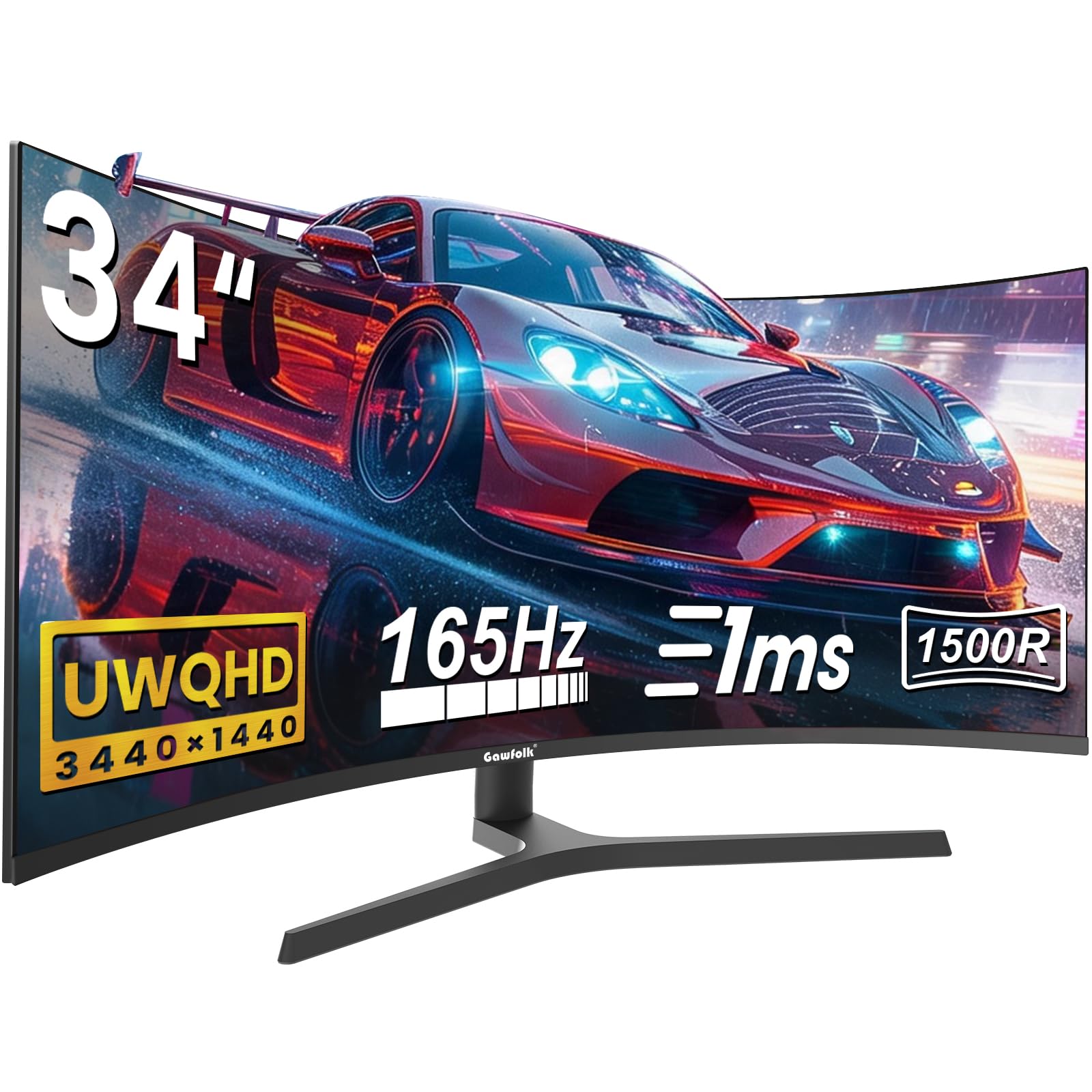 Gawfolk 34 Zoll Ultrawide Curved Gaming Monitor, 1500R PC Bildschirm 165hz UWQHD 3440x1440, Gebogenes Computer Bildschirm mit Höhenverstellung unterstützt VESA 75 x 75 mm
