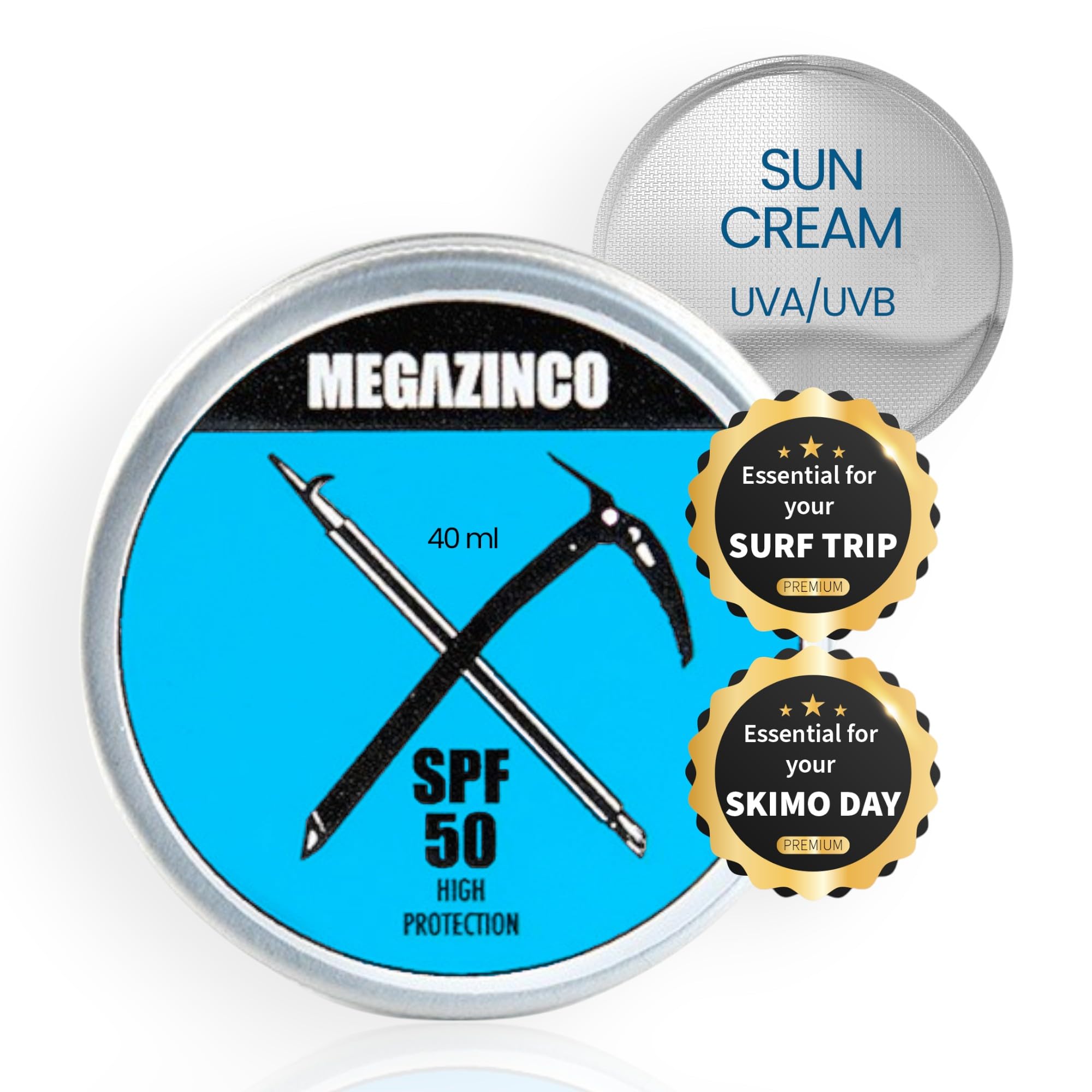 MEGAZINCO BLUE - SPF 50 mineral & 100% NATURAL. High sun protection cream/paste for surfers, sailors, mountaineers, skiers, snowboarders, triathletes, swimmers. SURF SUN CREAM - 40 ml