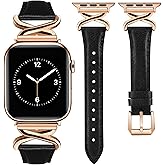 JR.DM Leather Bands Women Compatible with Apple Watch 40mm 38mm 44mm 45mm 41mm 42mm 46mm 49mm Dressy Designer Strap with X-Shaped Metal Crown for iWatch Series Ultra/SE/11/10/9/8/7/6/5/4/3/2/1 Black