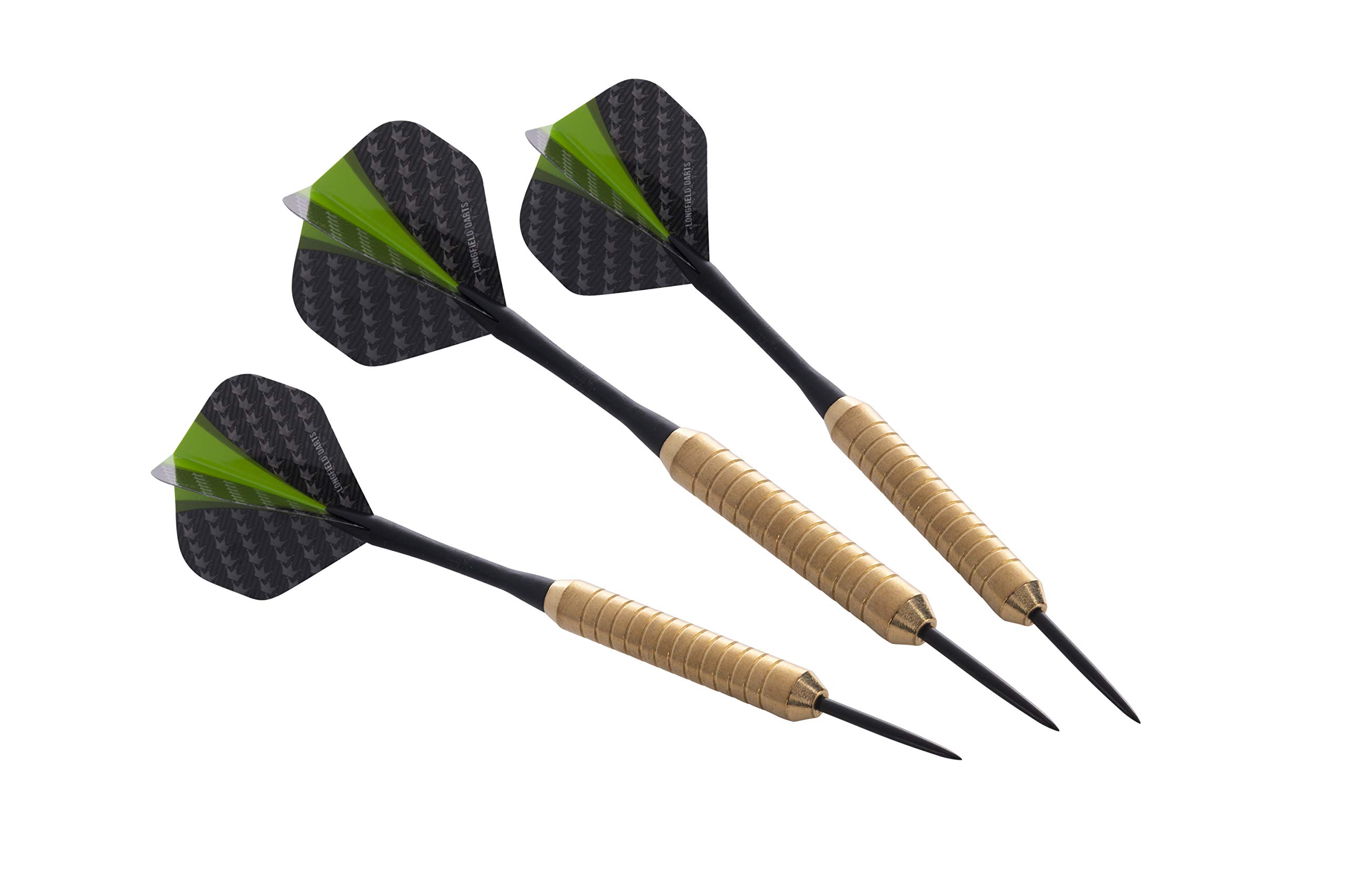 3 brass darts. semi-professional level, golden barrel, black stem, black and green flight. Rigid dart case included. 21 GR