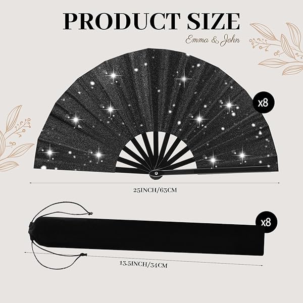ATTRACME 8 PCS LARGE GLITTER FOLDING FANS BULK WITH SLEEVES FOR LINE DANCING, 13-INCH GLITTERY BLACK CLACKING FAN POPPING FANS, LINE DANCE RETRO FOLD FAN FOR FESTIVALS, PARTIES-BLACK