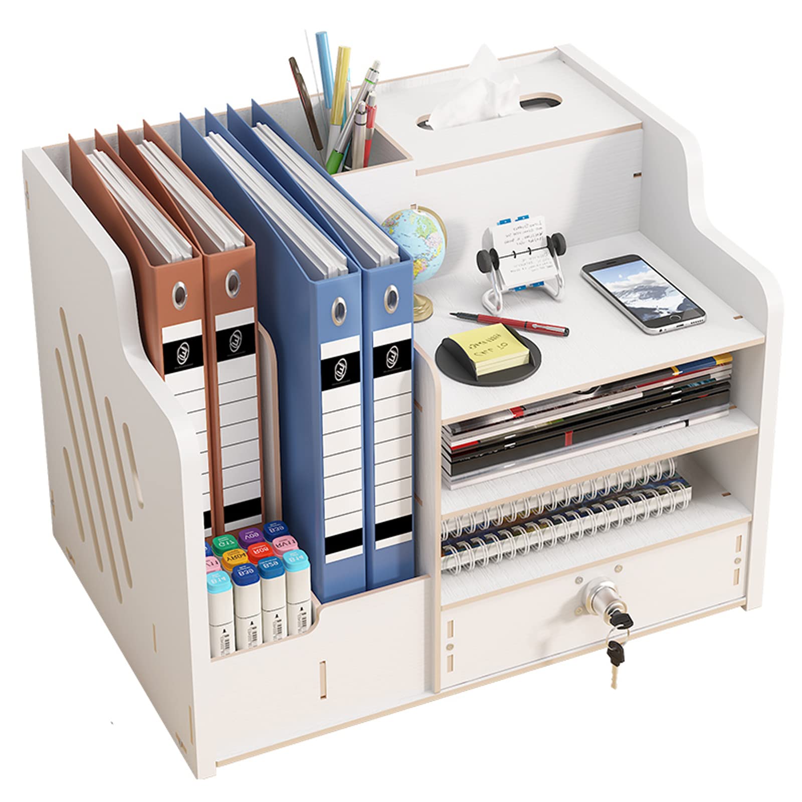 Catekro Desk Organiser Wood, Stationary Organiser with Drawer, Large Capacity Desk Tidy Storage Holder for A4 Papers, Books, Document and Notebook (White)