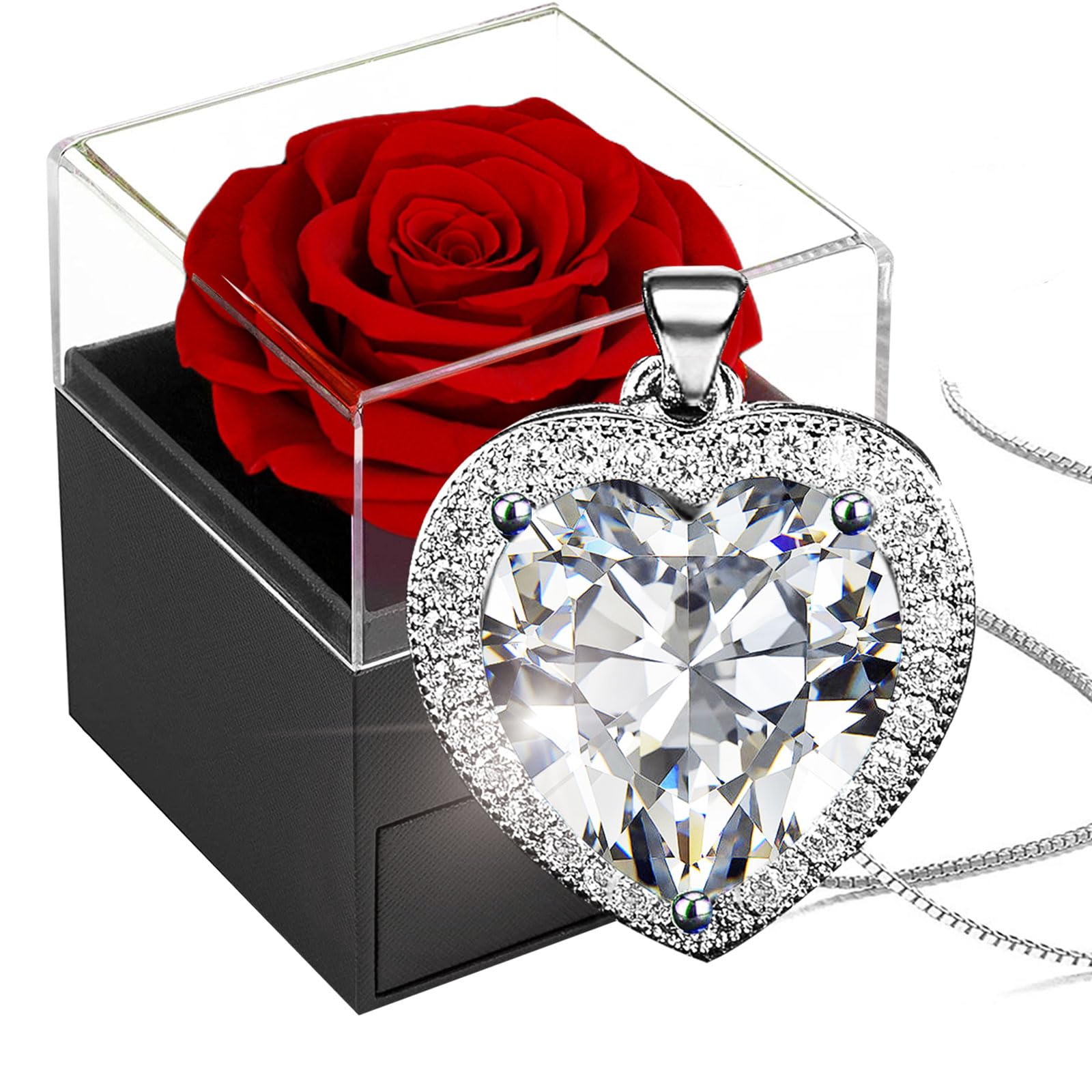 Preserved Real Rose with Crystal Necklace,Forever Red Rose with Cubic Zirconia Heart Necklace,925 Sterling Silver Bithstone Pendant in Eternal Rosebox,Infinity Gift for Her On Christmas valentine