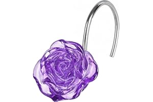 POPKOZZI Purple Floral Shower Curtain Hooks: Lavender Crystal Glitter Ice Textured Decorative Hooks for Flower Leaf Plant Spring Themed Shower Curtain - Rose Shower Curtain Rings for Girls Bathroom Decor
