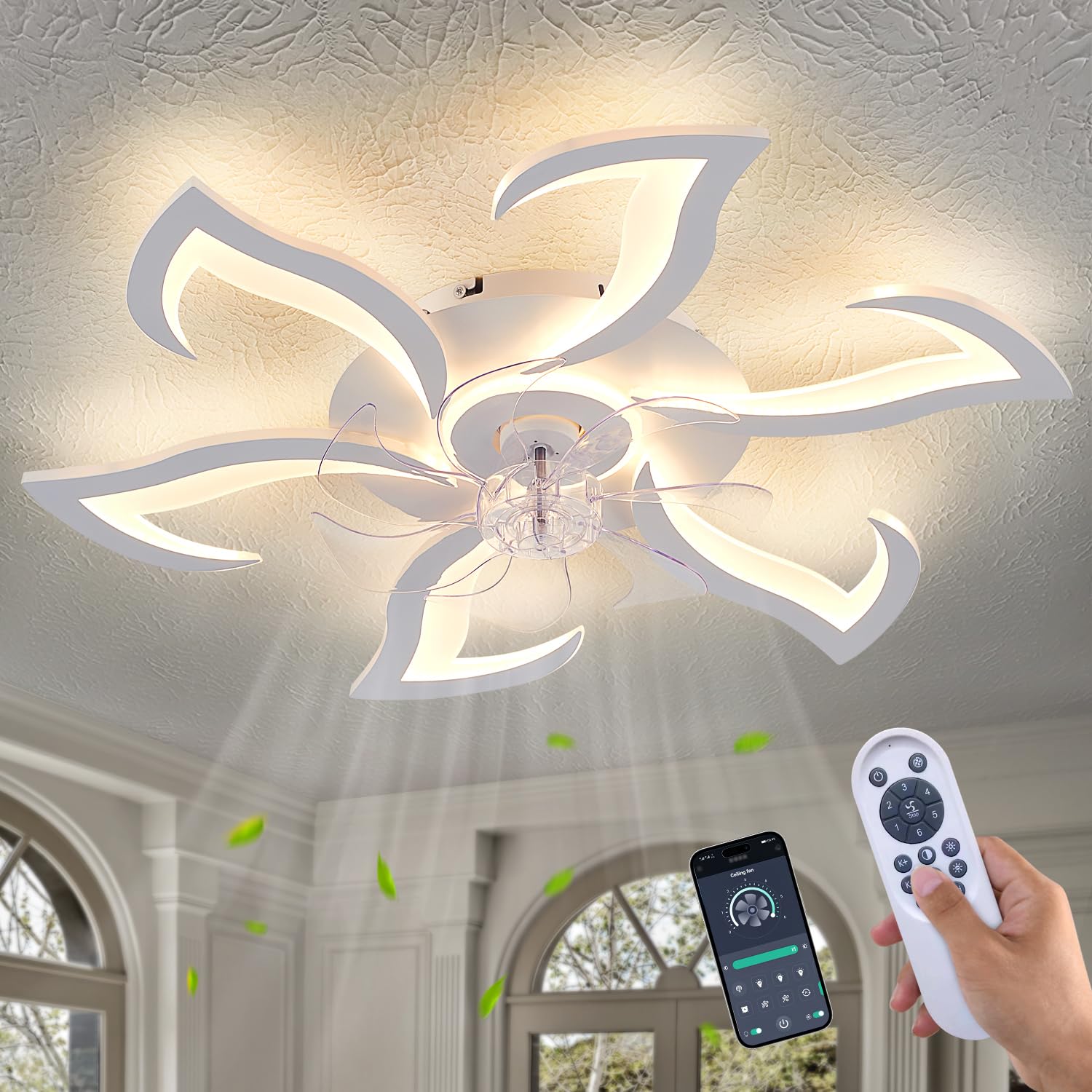 Photo 1 of Yfrest Modern Ceiling Fan with Light and Remote, Low Profile 32 Inch White Flush Mount Fandelier Ceiling Fan for Kitchen Bedroom