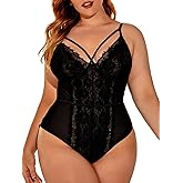 Kaei&Shi Plus Size Eyelash Lace Bodysuit, Snap Crotch Sexy Top Lingerie, Club Outfit