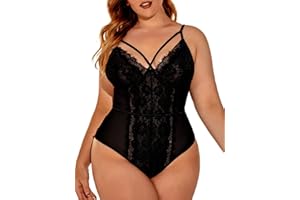 Kaei&Shi Plus Size Eyelash Lace Bodysuit, Snap Crotch Sexy Top Lingerie, Club Outfit