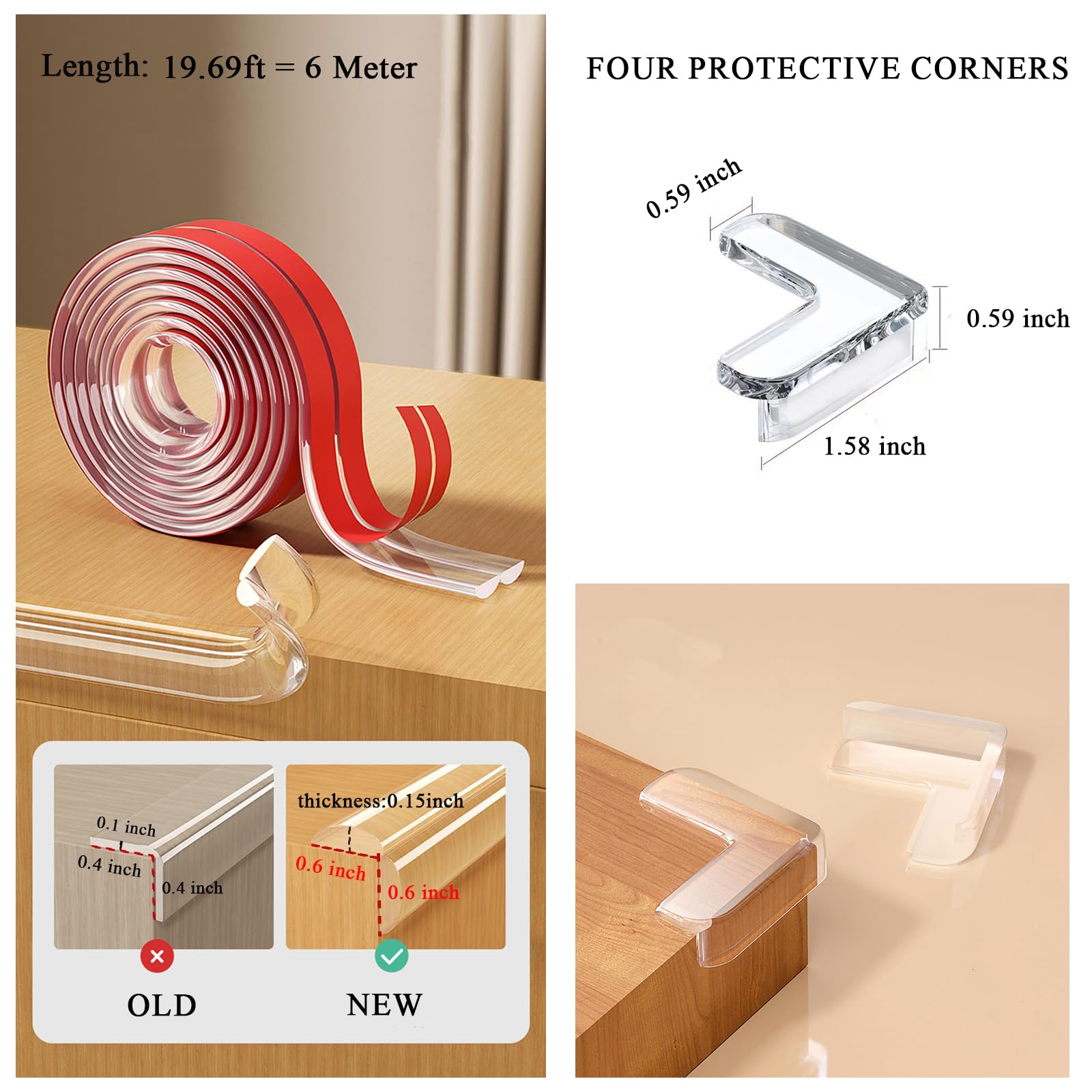 Fhlbestyu 19.69ft (6M) Corner Protector Baby with 4 Corners Soft, PVC Furniture Corner Guard and Edge Safety Bumpers Protectors with Upgraded Pre-Taped Strong Adhesive for Sharp Corners, Table