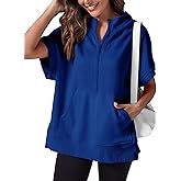 Fisoew Womens Oversized Half Zip Hoodies Short Sleeve Casual Sweatshirts Pullover Tops with Pockets